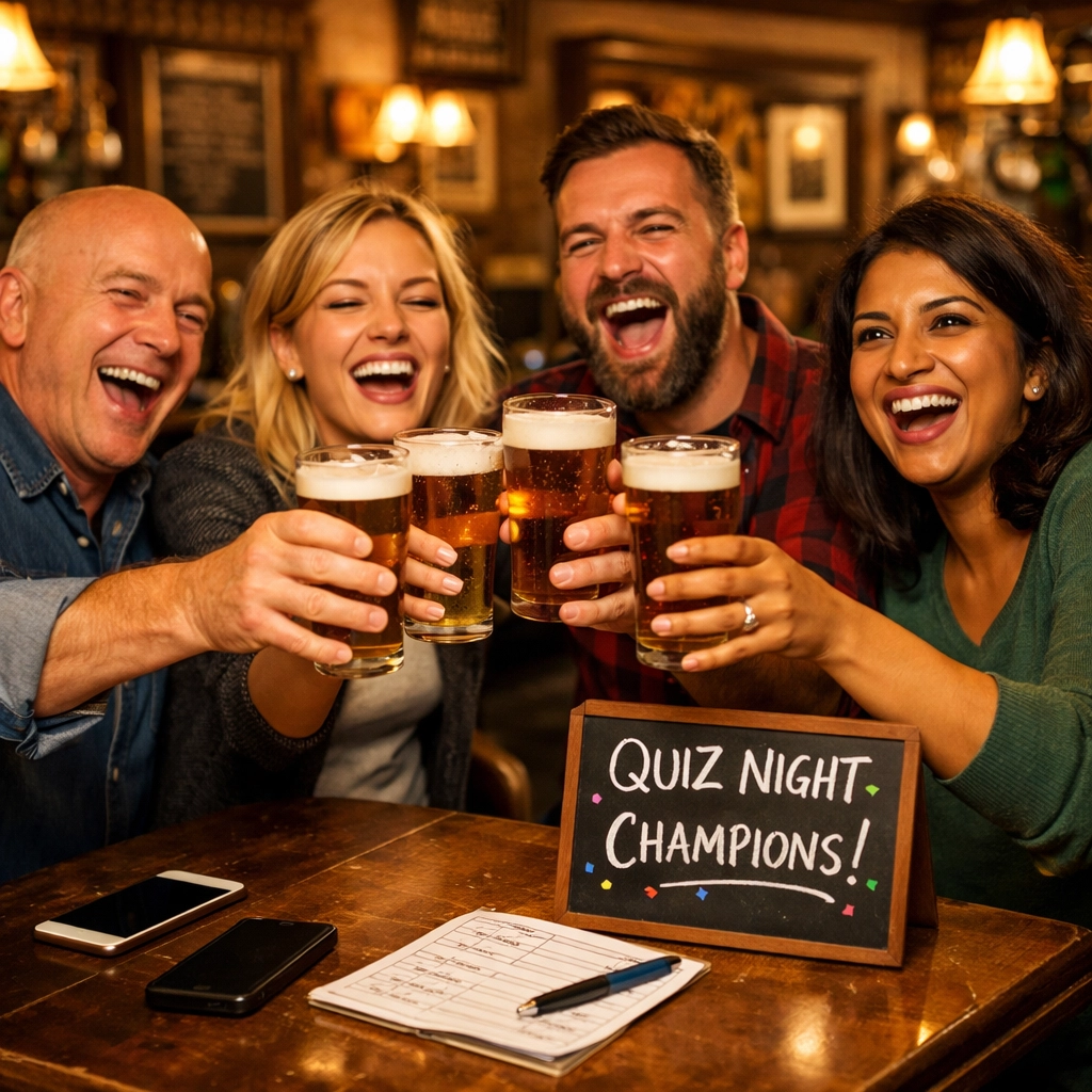 Quiz team celebrating victory with raised pints at pub quiz night