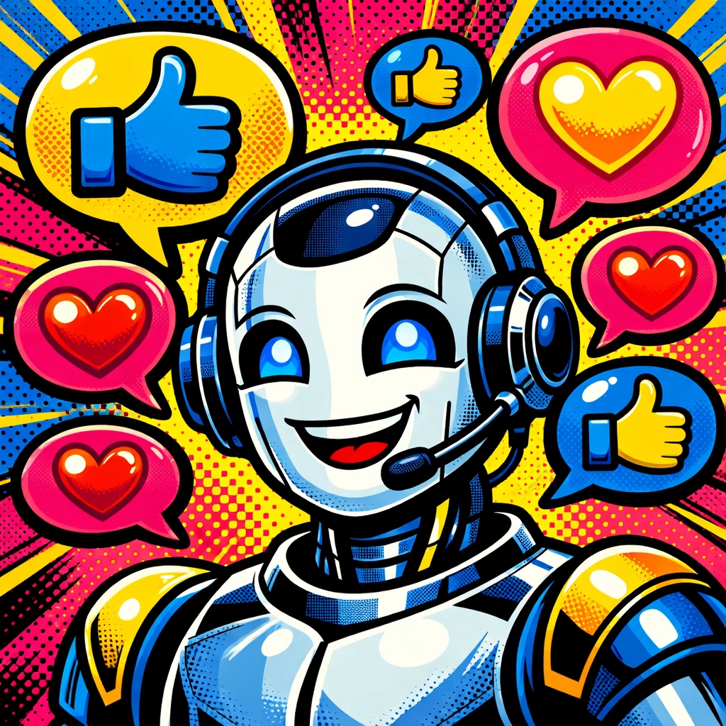 A customer support AI robot wearing a headset, delivering fast and friendly service to happy users.