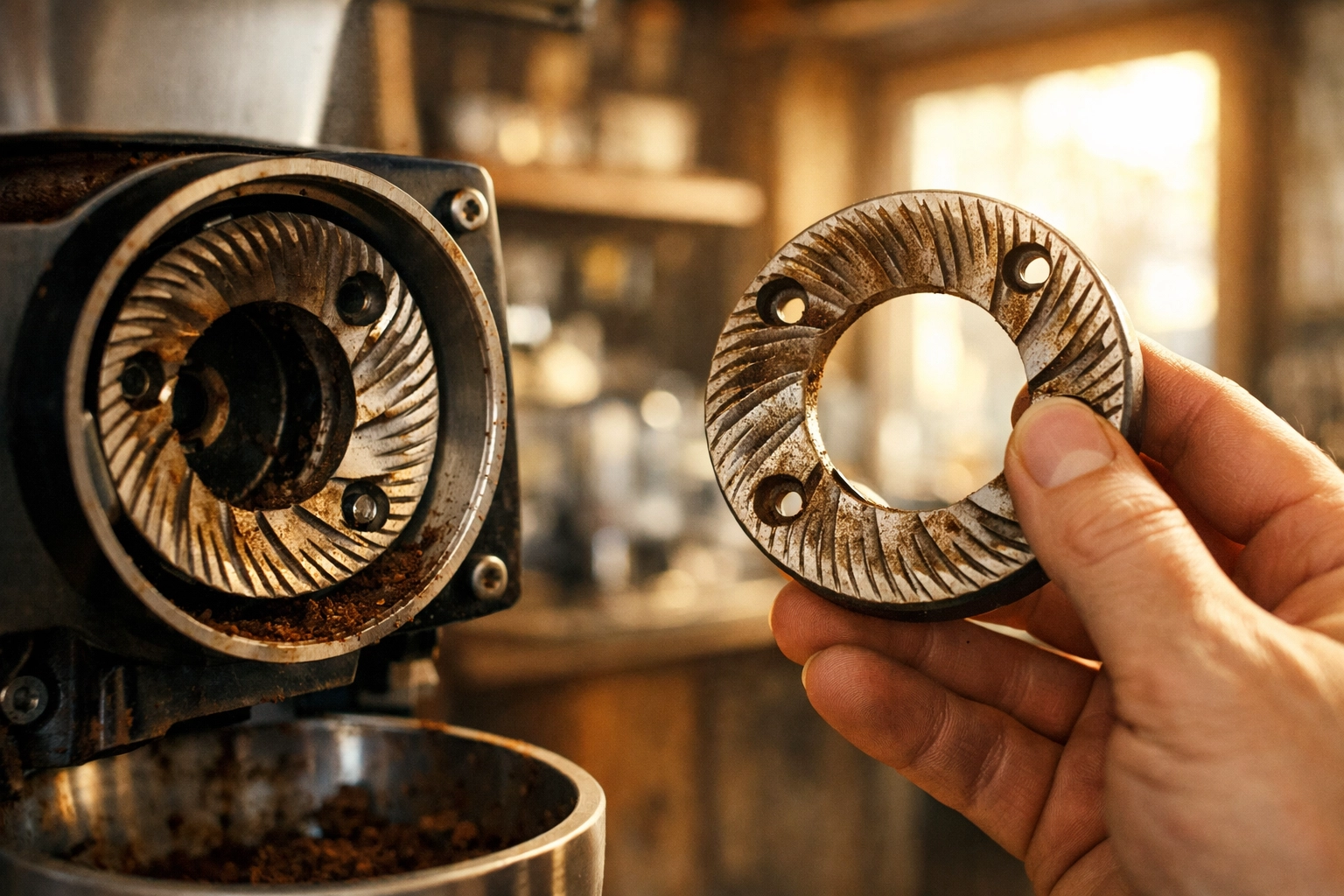 Barista inspecting commercial coffee grinder burrs for wear and residue buildup