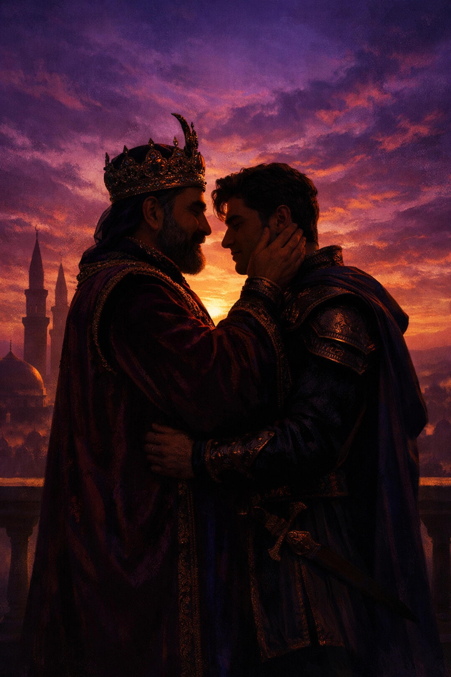 Sultan Mahmud and Malik Ayaz in a tender moment on a palace balcony at sunset.