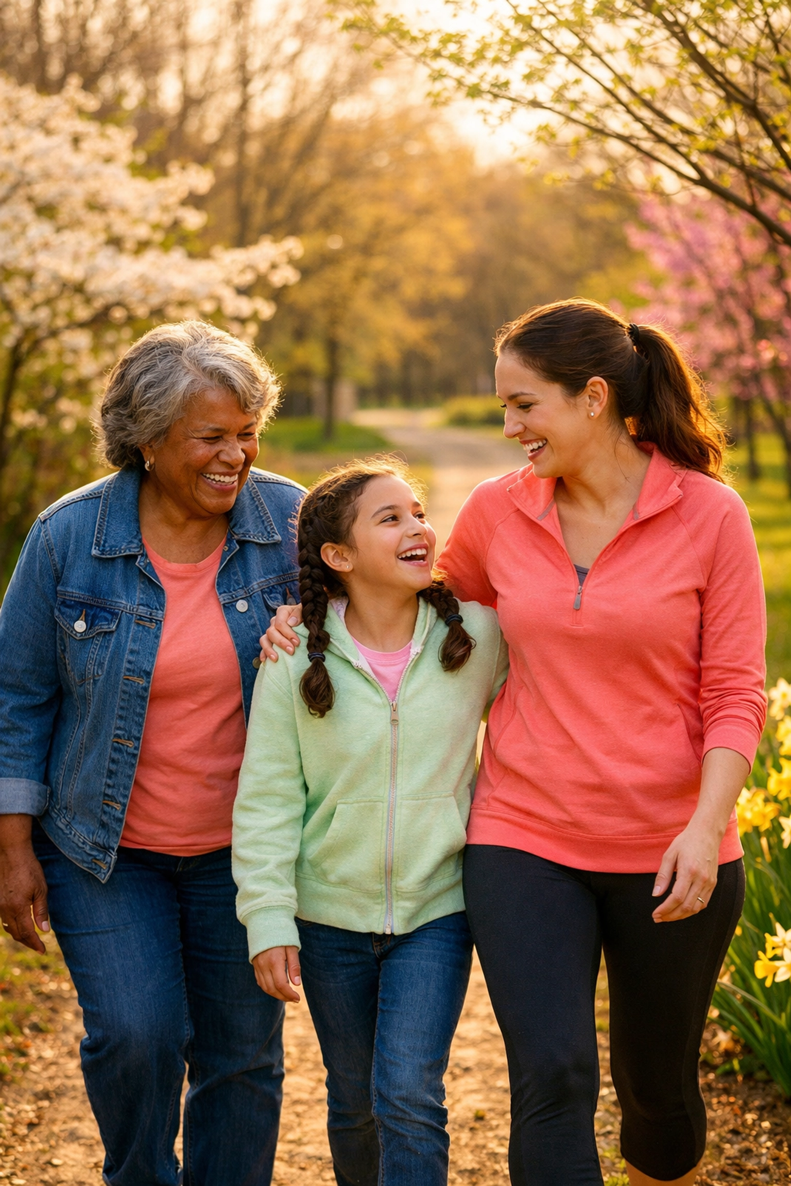 Diverse intergenerational family walking in a park, showing the benefits of community health.