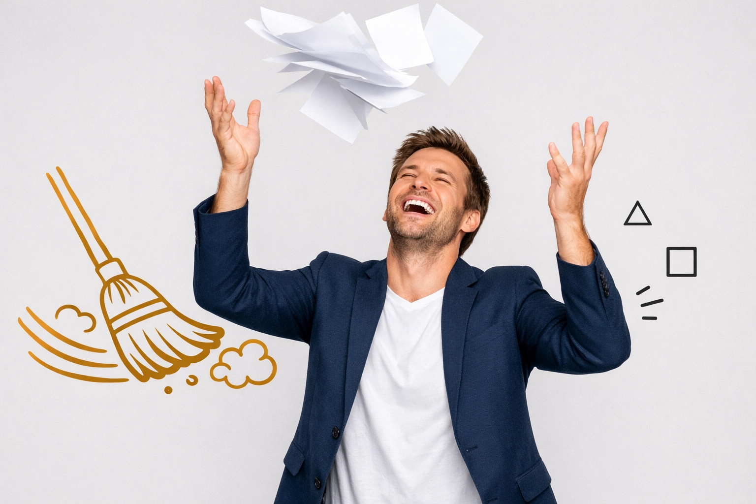 Happy business owner tossing papers during an HR spring cleaning for small business compliance and growth.