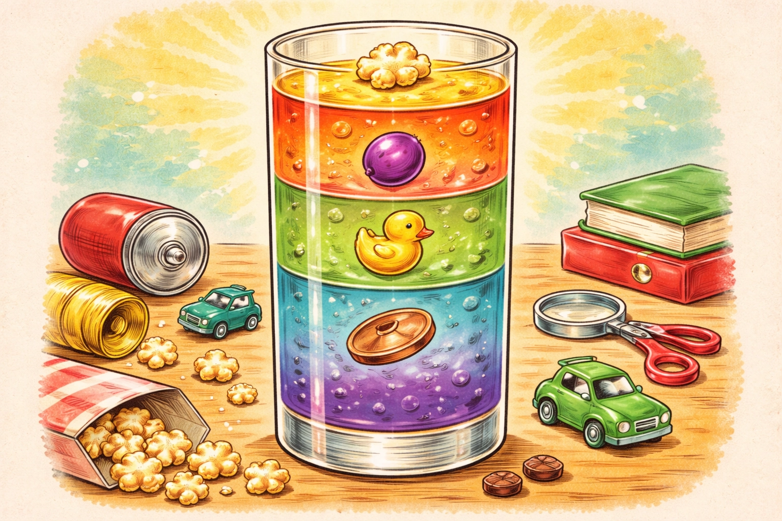 Small objects floating at various levels in a layered drink density tower, illustrating density for kids.