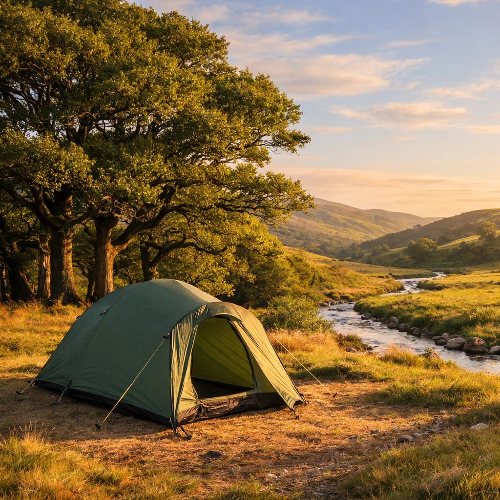 Wild camping tent pitched in ideal UK countryside location with natural windbreak and stream