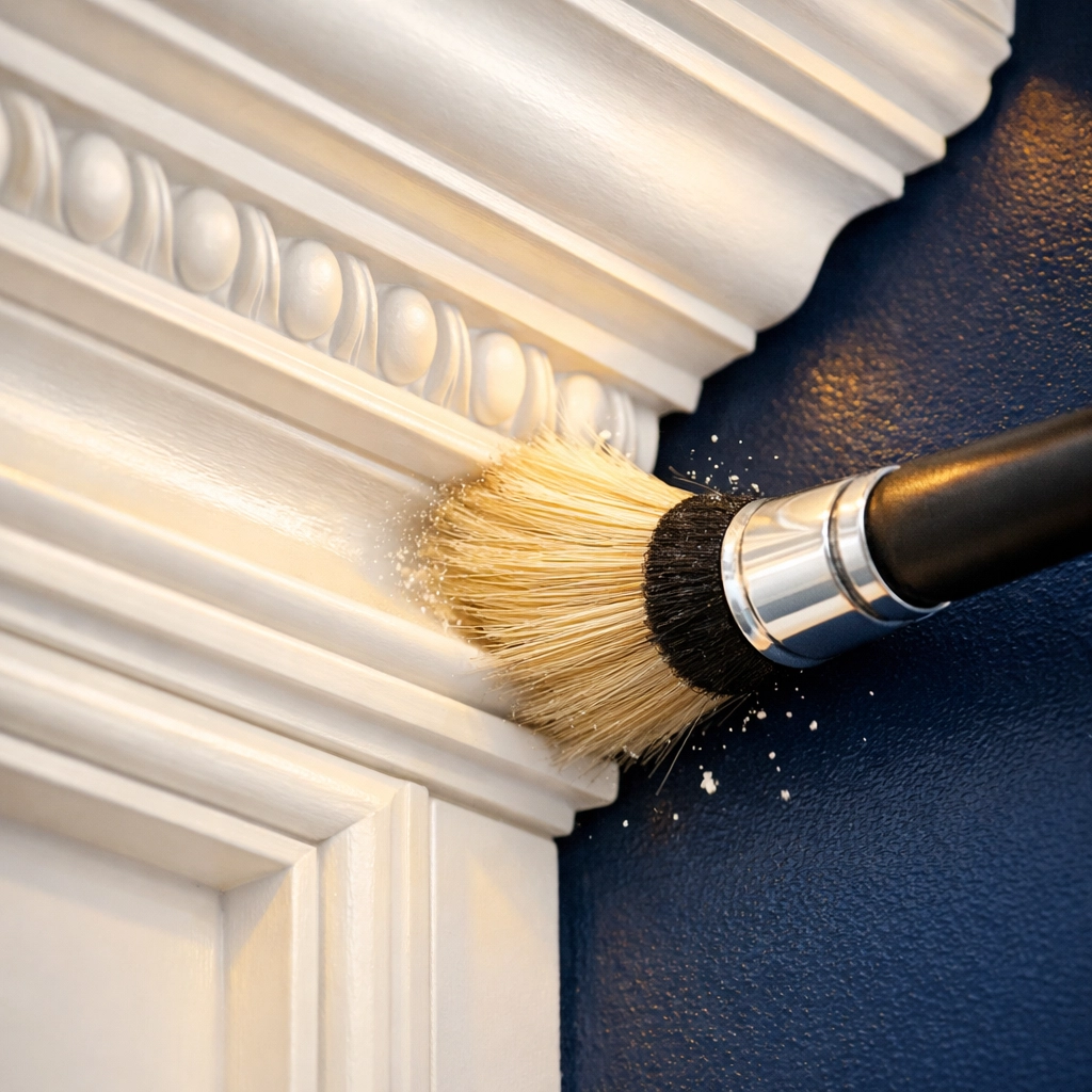 Meticulous dusting of intricate architectural molding in a Chestnut Hill home using professional tools.