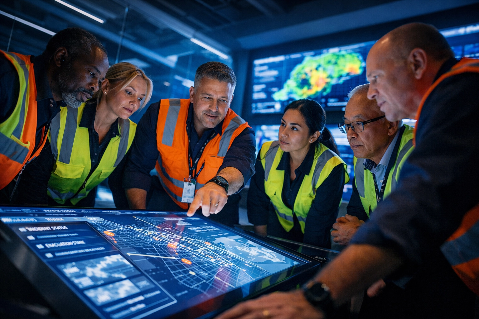 Corporate emergency response team collaborating at digital command center during crisis management training