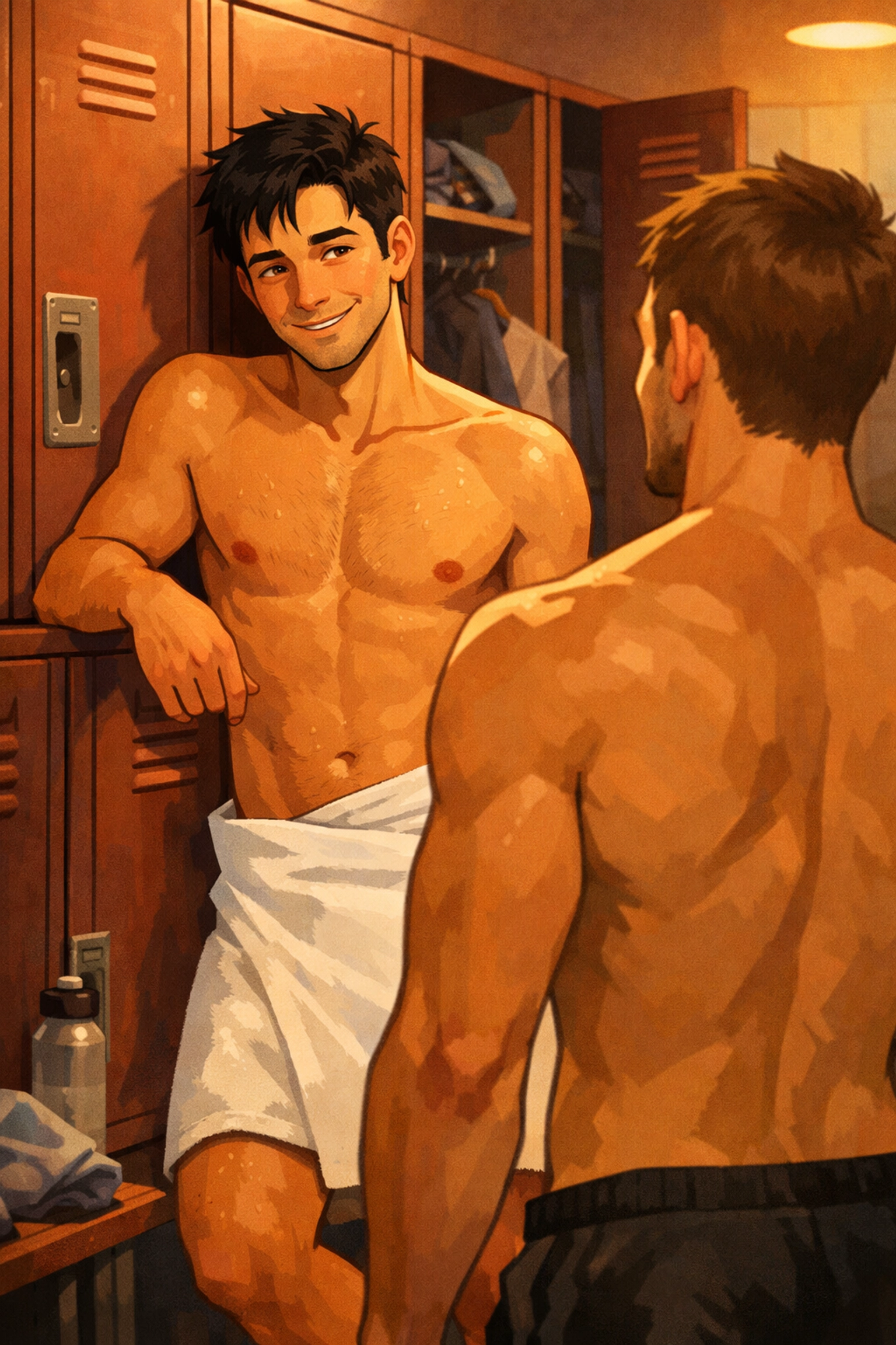 Two men connecting in gym locker room after towel drop in MM romance story