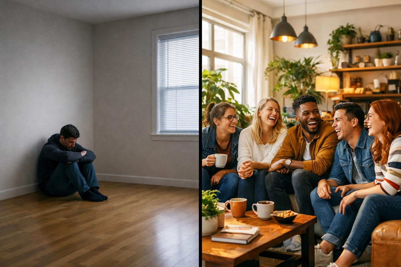 Traditional apartment vs co-living shared housing comparison showing community benefits