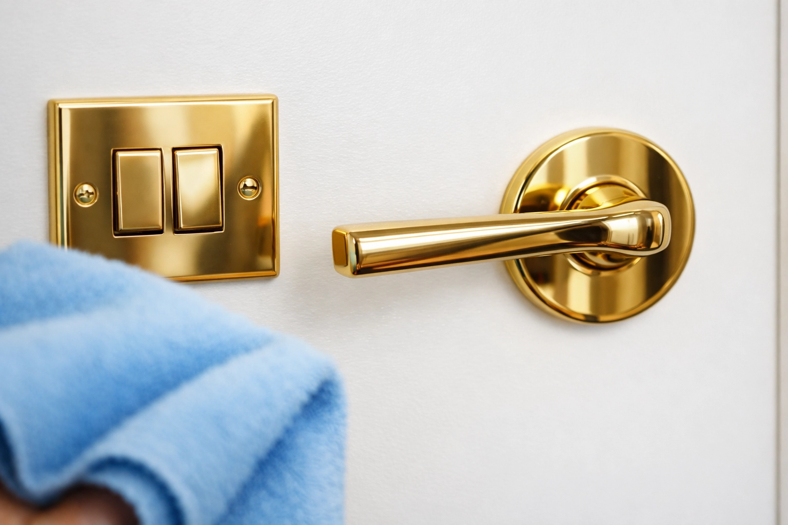 Sanitized brass handle in a luxury Newton home showing detailed move-in cleaning results.