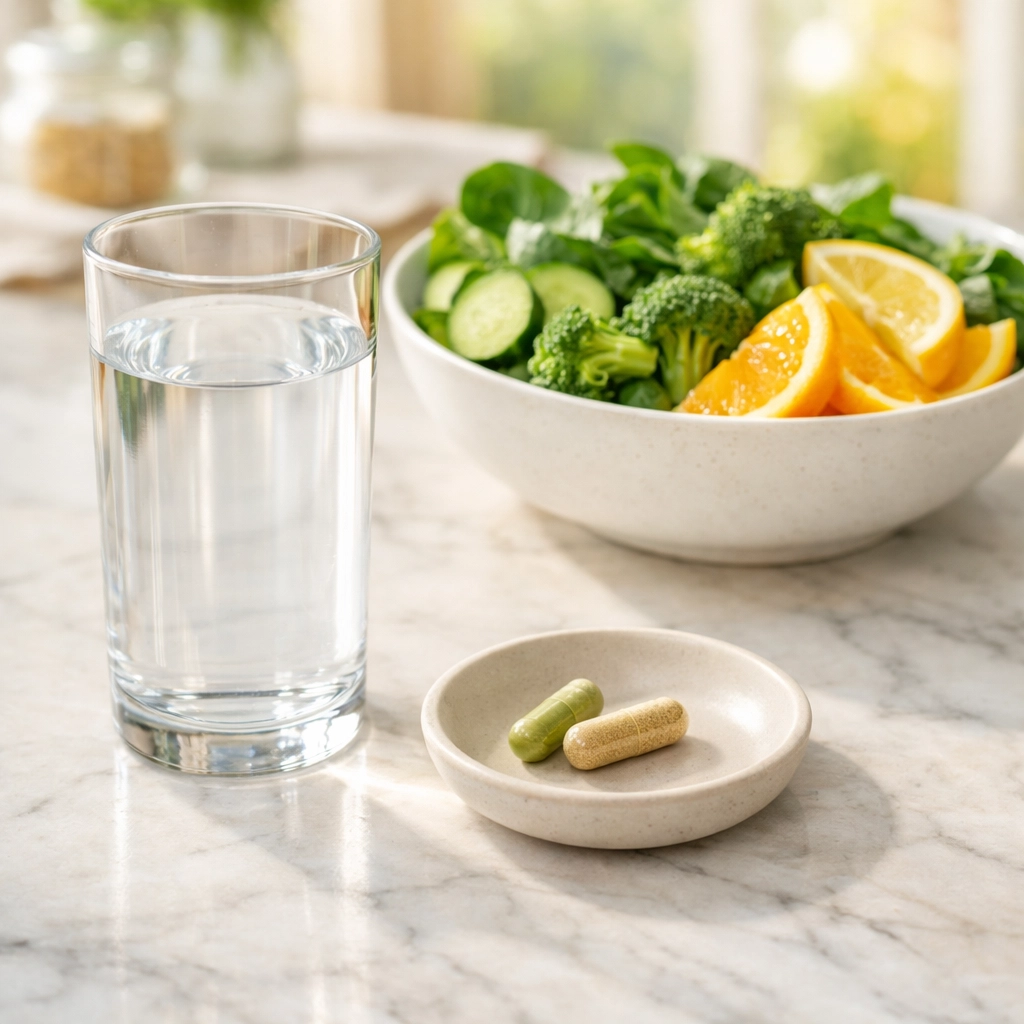 Daily bitter melon complex capsules with water and fresh greens for balanced metabolic health.