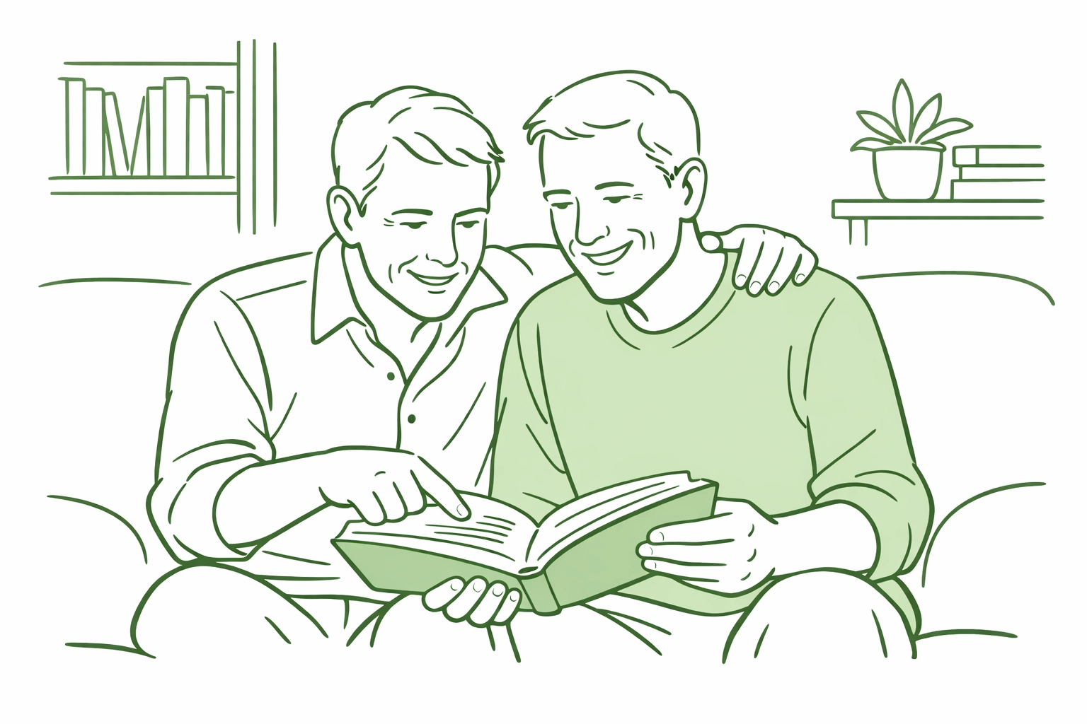 Two men reading an MM romance novel together, illustrating how gay fiction supports a new queer identity.