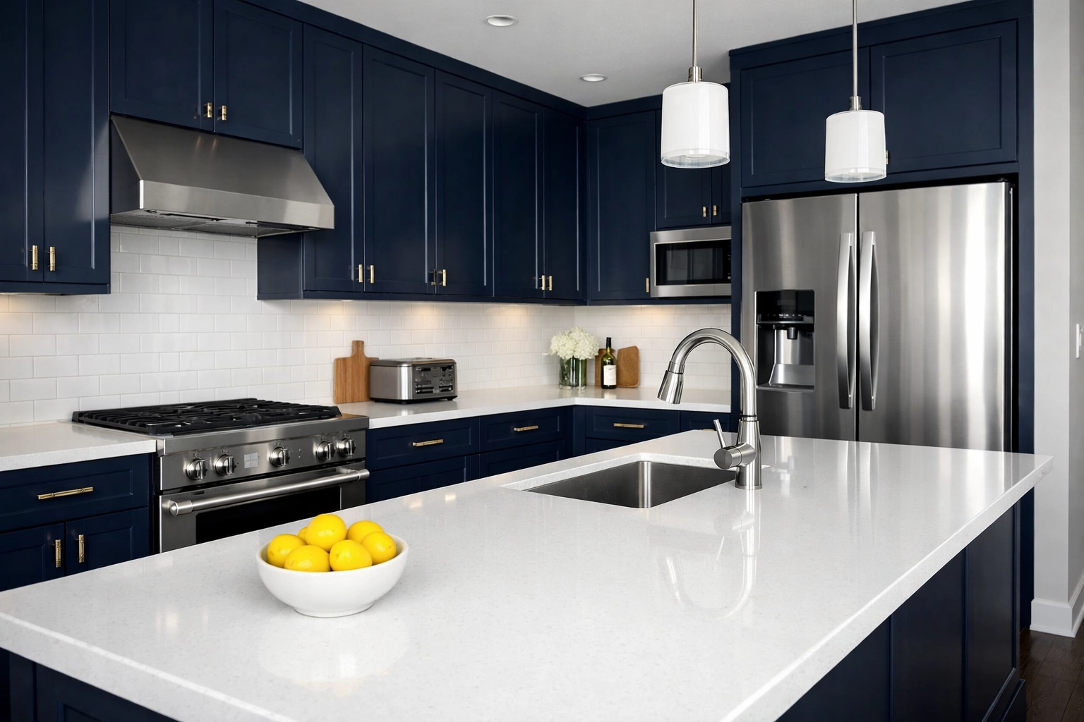 Sanitized modern kitchen with blue cabinets and white counters for apartment cleaning Acton MA.