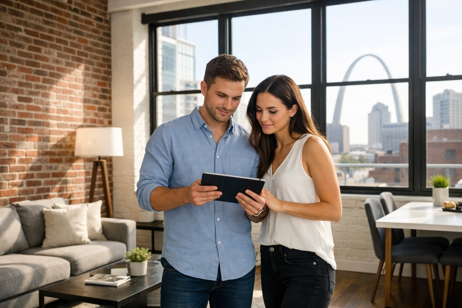 Young couple reviewing property details on tablet in modern downtown St. Louis loft