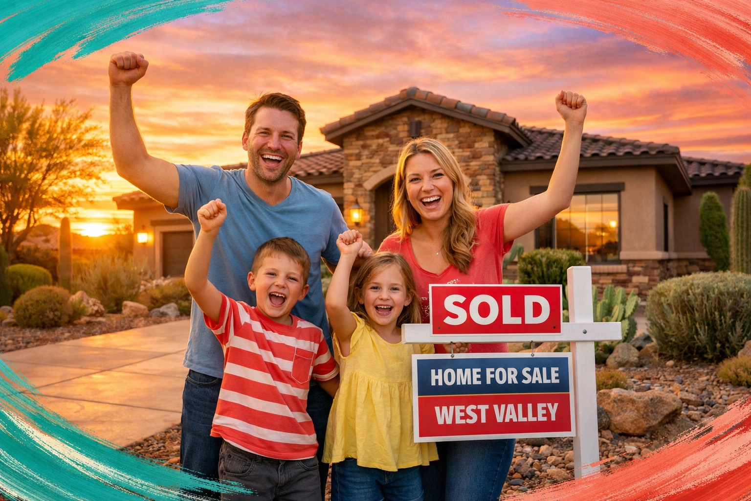Happy family celebrating sold home in West Valley Arizona with desert landscaping