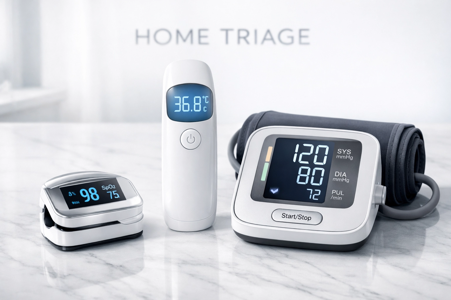 Essential home diagnostic tools including a digital pulse oximeter, infrared thermometer, and blood pressure monitor.