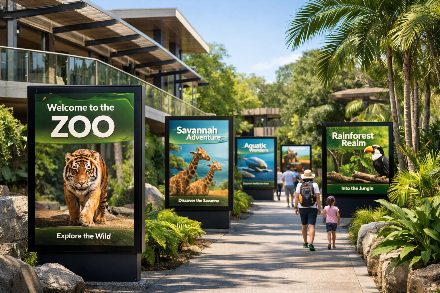 Integrated digital display network along zoo pathway showing coordinated brand content