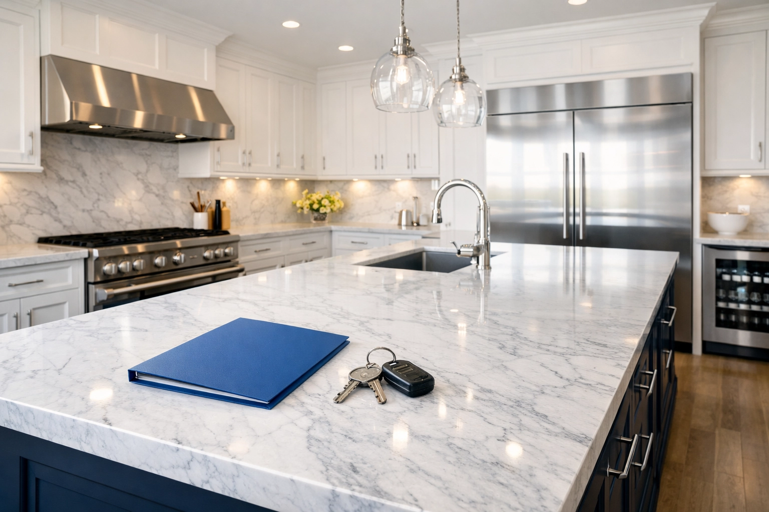 Spotless kitchen with keys on the counter after a high-end move-out cleaning Worcester MA to secure a deposit.