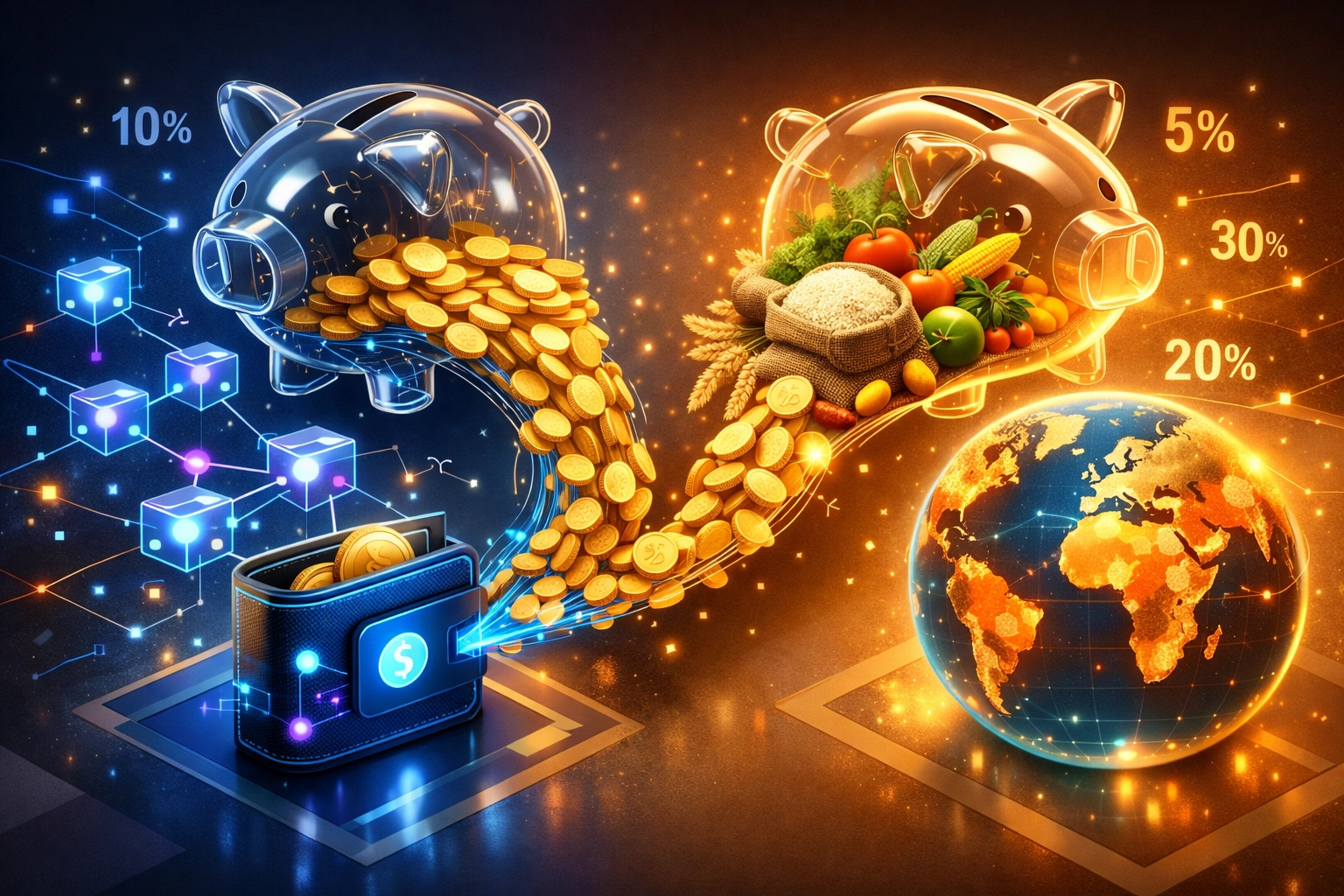 Cryptocurrency merchant savings split between wallet and global hunger relief initiatives