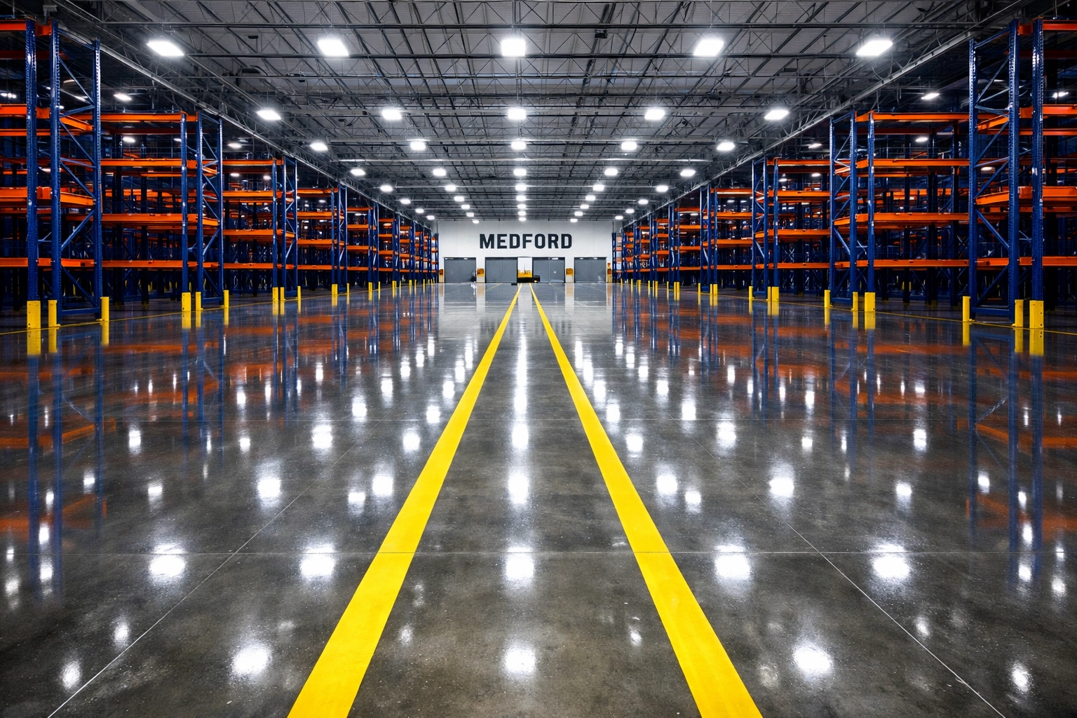 Clean polished concrete floors and yellow safety lines in a Medford distribution center warehouse.