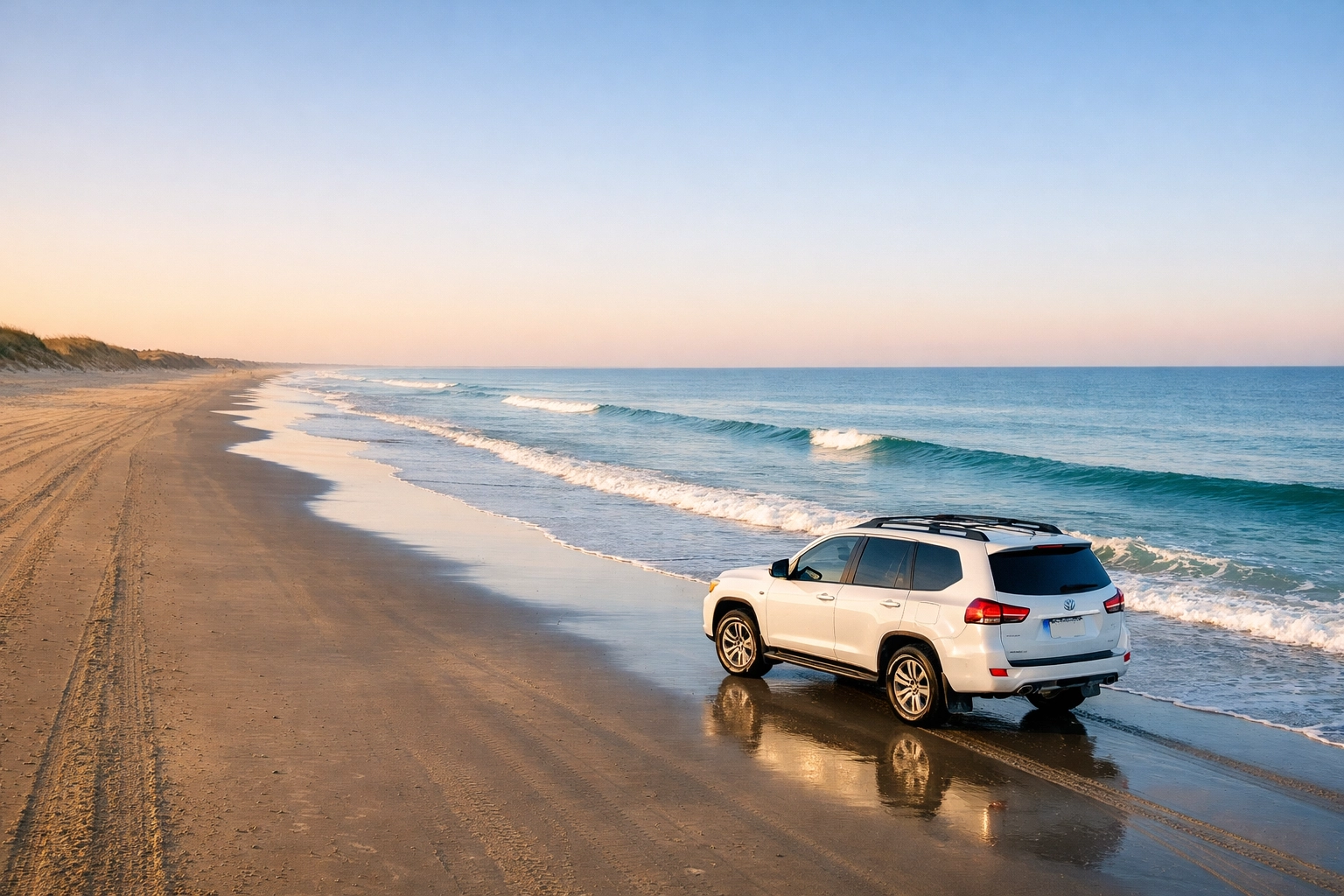 Luxury 4WD SUV driving on the hard-packed shoreline of Corolla 4x4 beach at low tide in the Outer Banks.