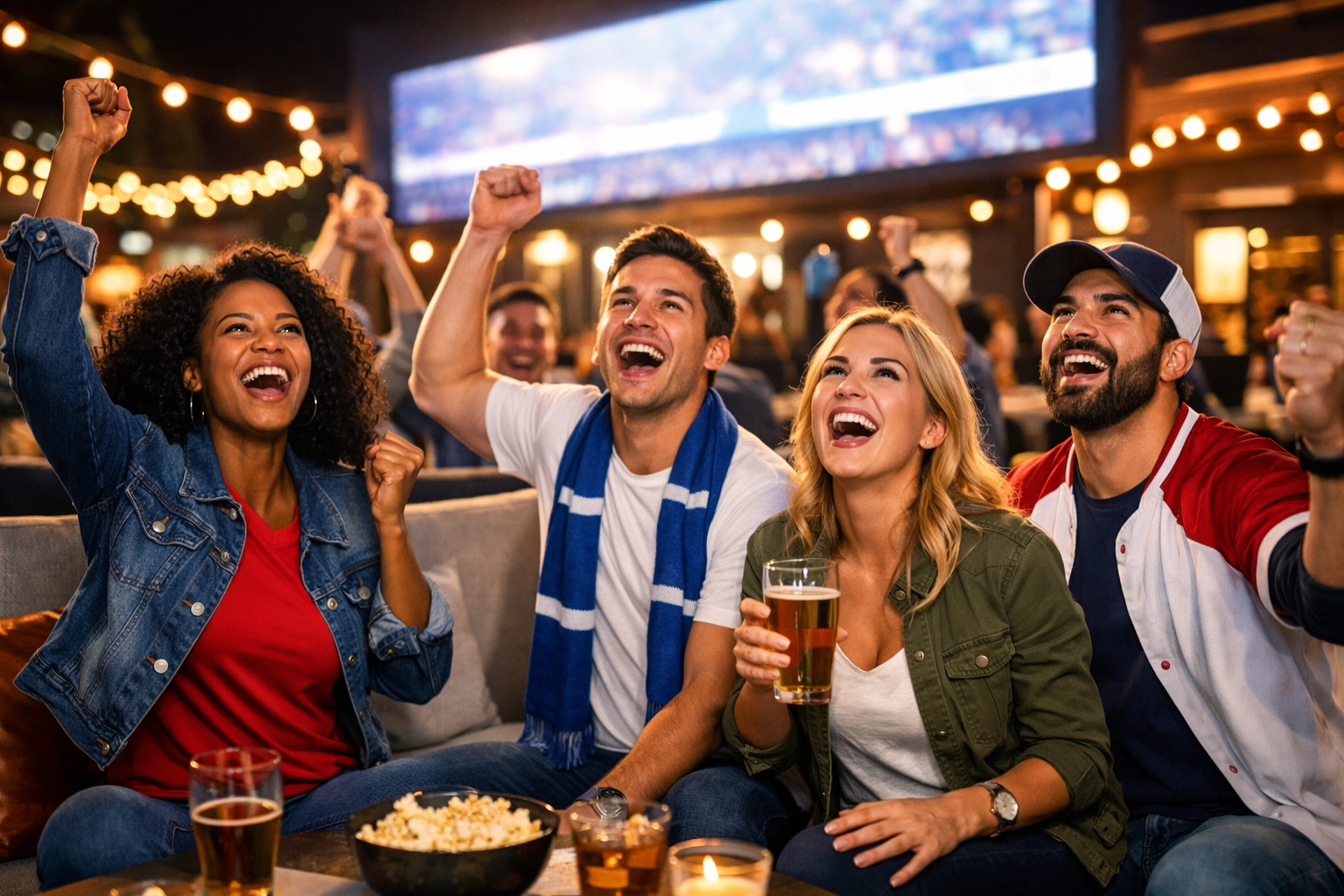 Excited sports fans watching a large DOOH screen at a lounge, showing high brand engagement.