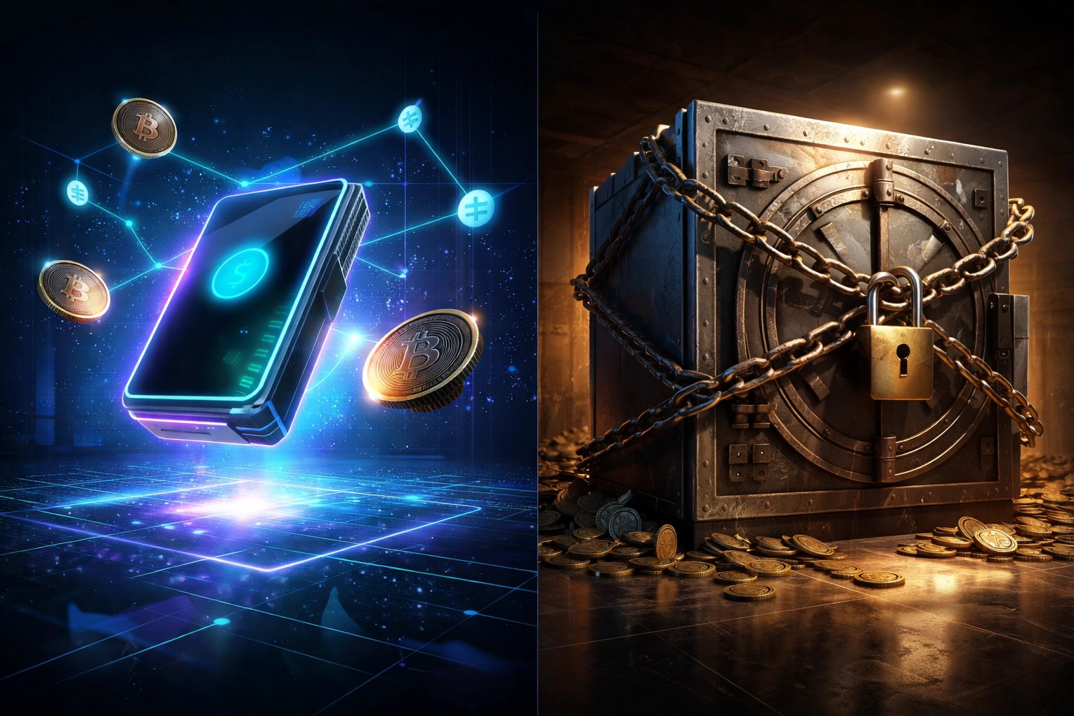 Visual comparison of self-custodied digital crypto wallet and restrictive traditional bank vault, highlighting Web3 financial freedom for small businesses.