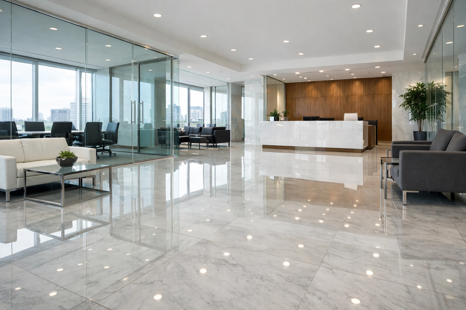 Polished marble floors in a professional commercial office lobby in White Plains, NY.