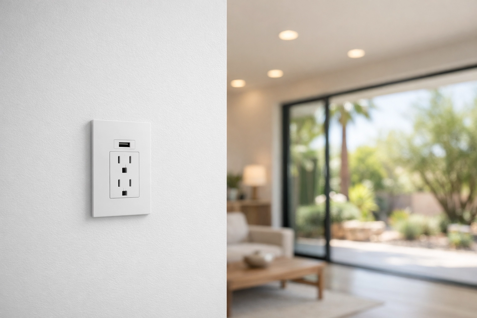 Modern Tempe home addition featuring bespoke recessed lighting and minimalist designer electrical outlets.