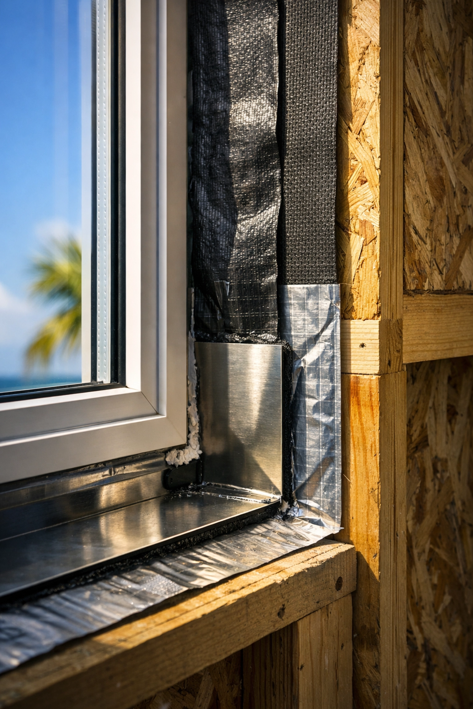 Hurricane-rated window installation in coastal NC custom home showing weatherproofing layers