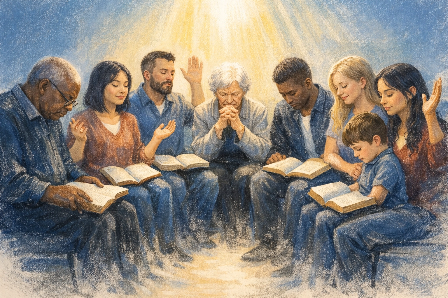 Diverse church community studying Bible together in worship and prayer at First Assembly Memphis