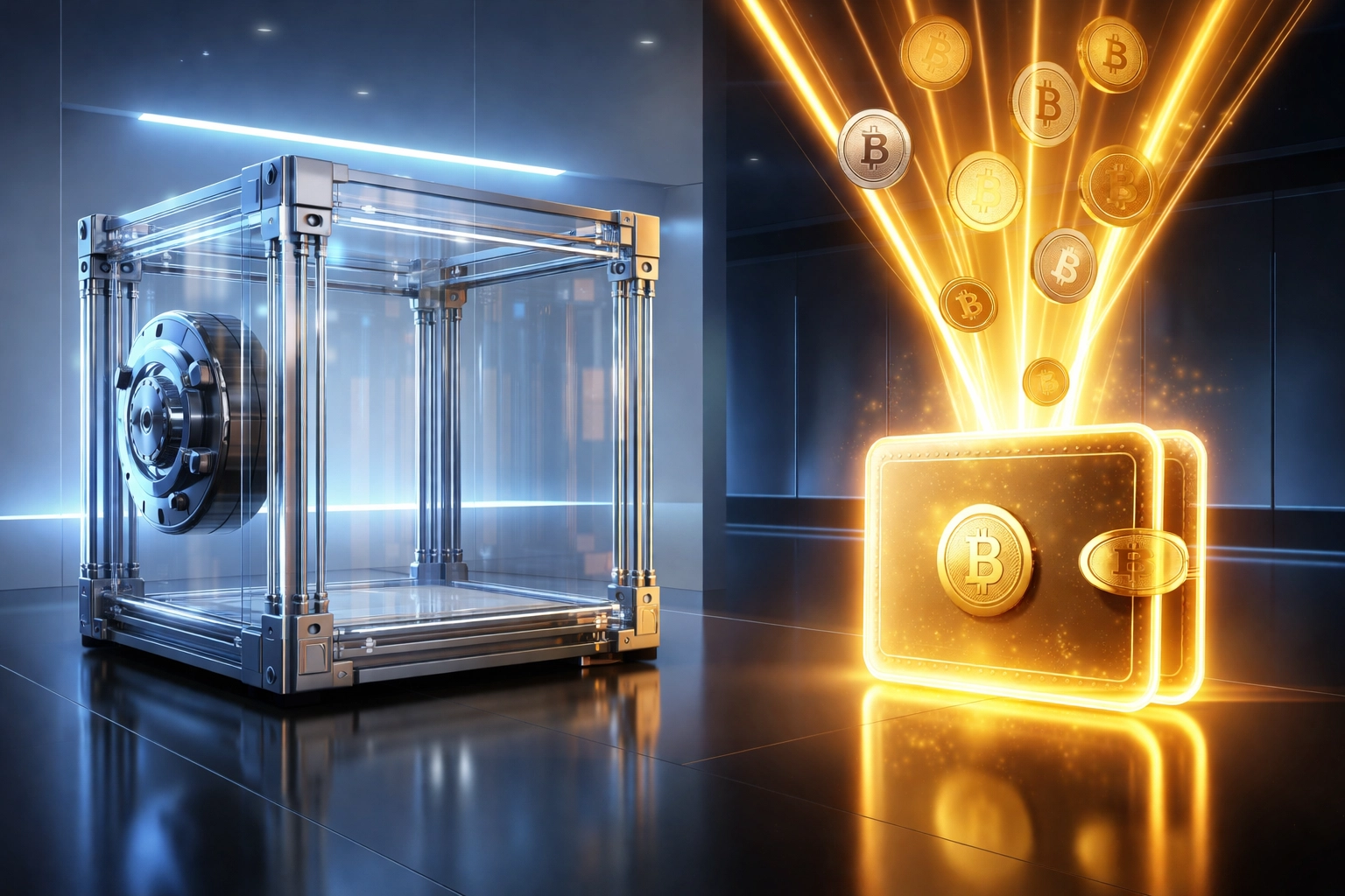 Transparent vault bypassed by cryptocurrency streaming into a wallet, illustrating self-custody benefits in crypto payments.