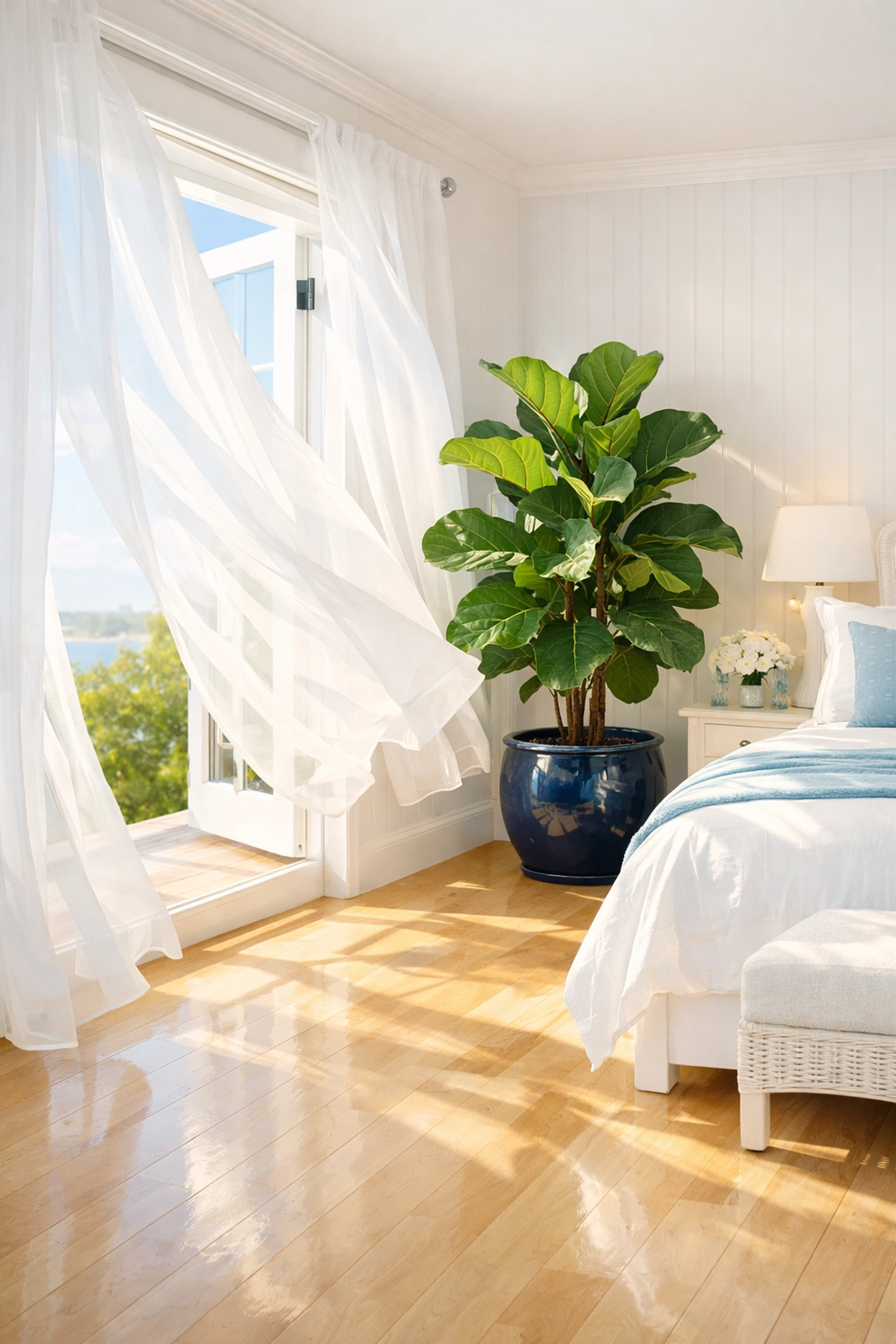 Bright sunroom with light wood floors and plants highlighting fresh indoor air quality and consistent home maintenance.