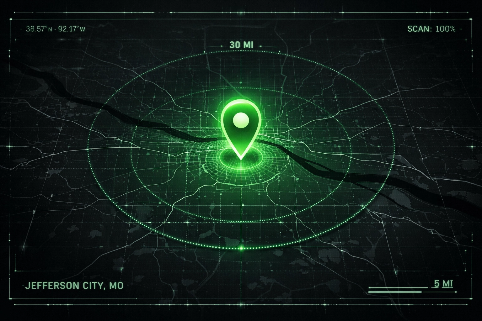 Digital map of Jefferson City MO showing a 30-mile service radius for septic directory listings.