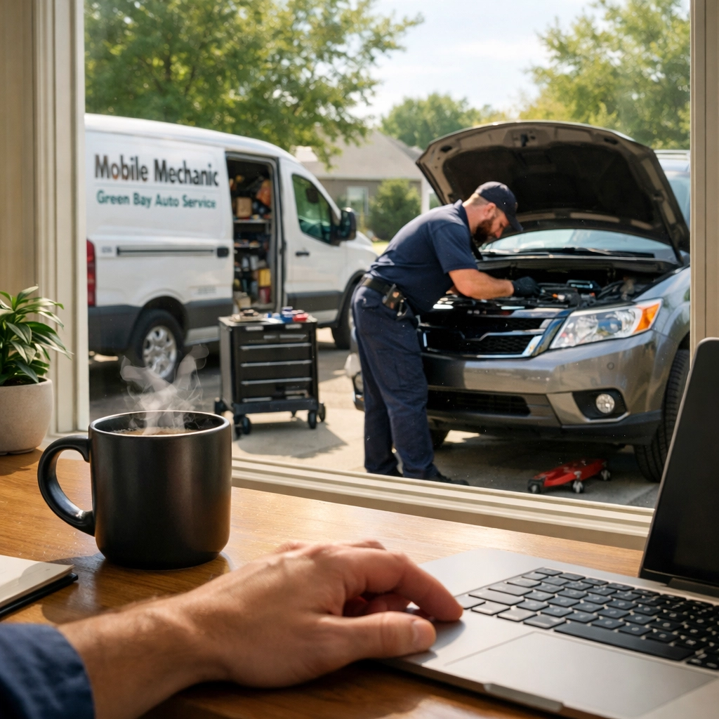 Mobile mechanic servicing a vehicle in a Green Bay driveway while the owner works from home.