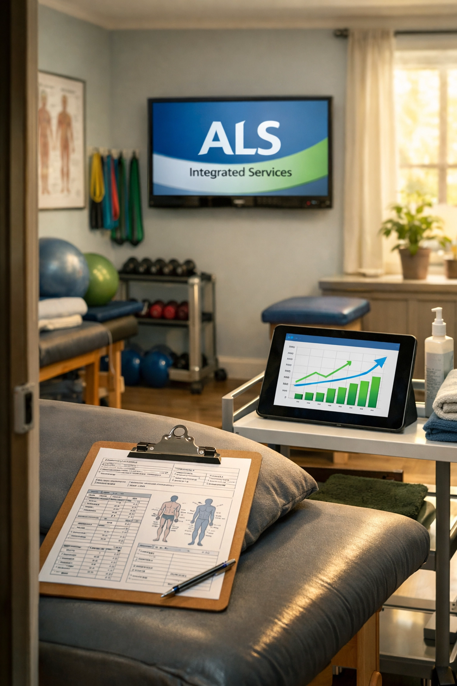 Physical therapy treatment room with patient progress charts and documentation for denial prevention
