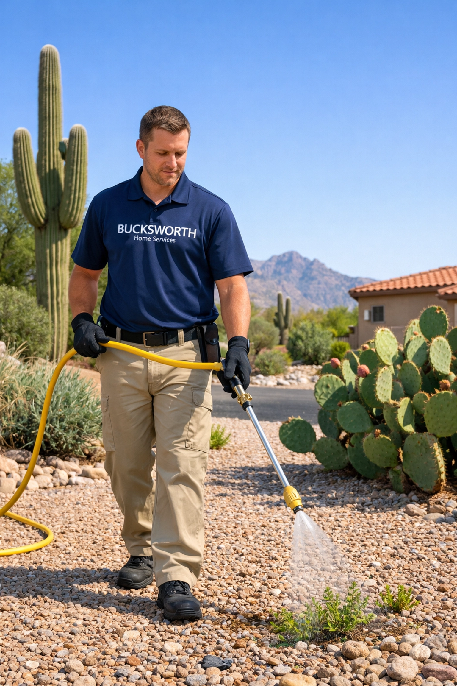 Professional Bucksworth technician applying the best weed control Oro Valley AZ has to offer.