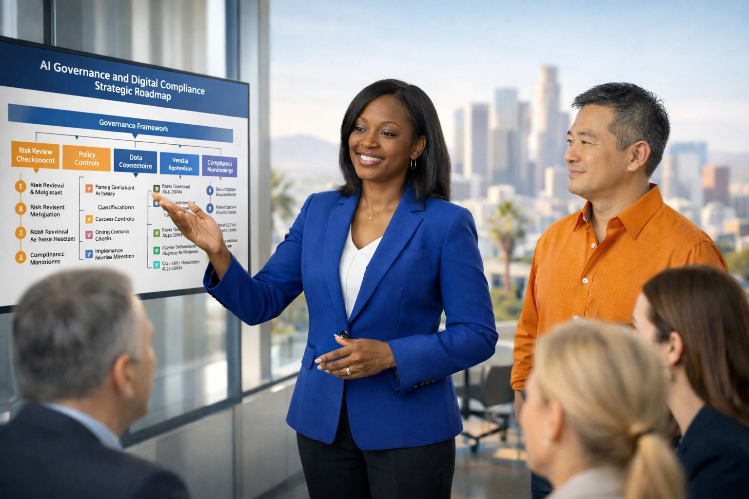 Corporate leaders in a modern office discussing AI neural networks and enterprise technology training.