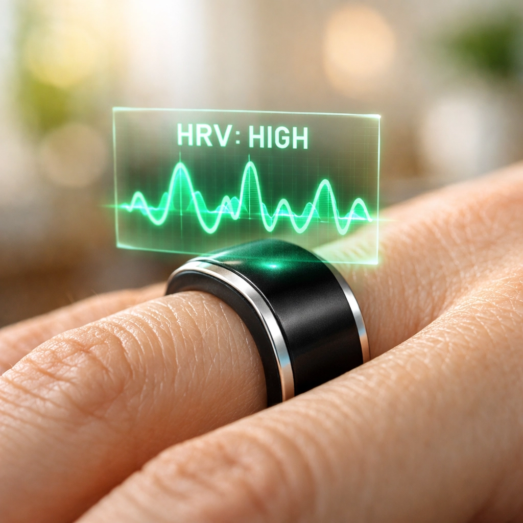 Biometric ring displaying a healthy Heart Rate Variability (HRV) graph to monitor nervous system recovery.