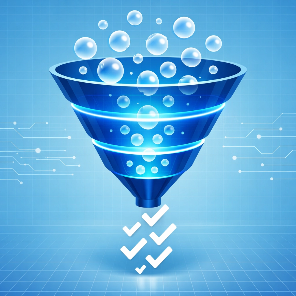 A digital marketing conversion funnel showing website traffic turning into successful sales results.