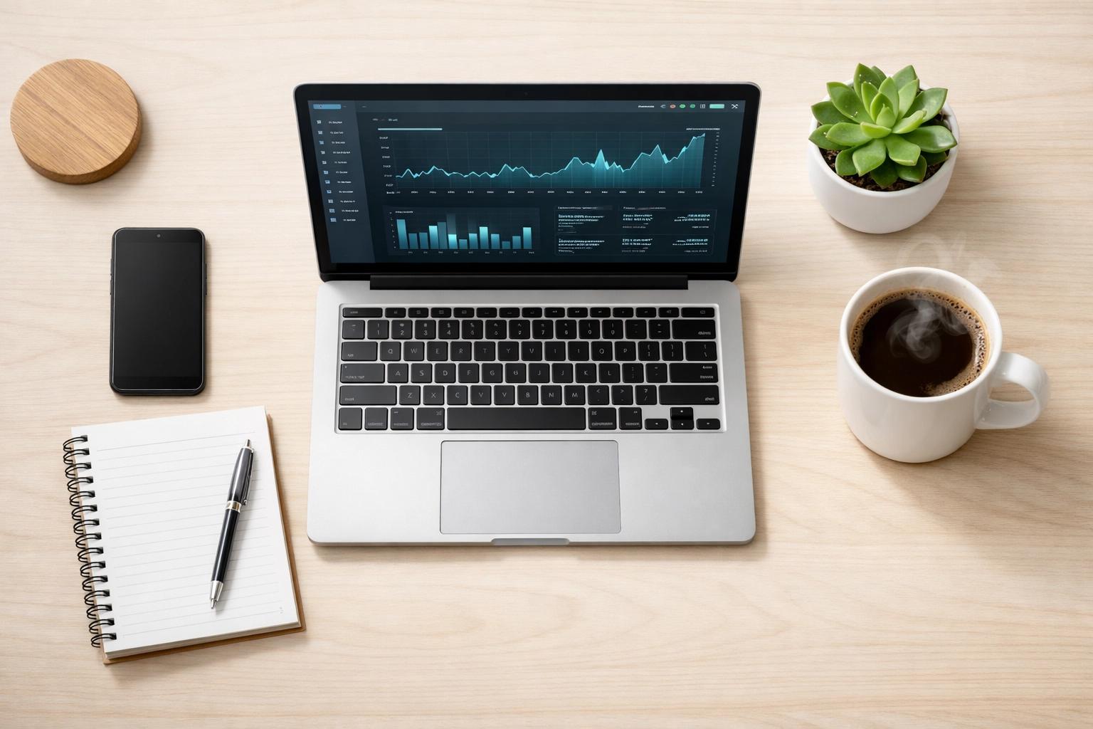 Professional home office workspace with laptop showing IT monitoring and security software