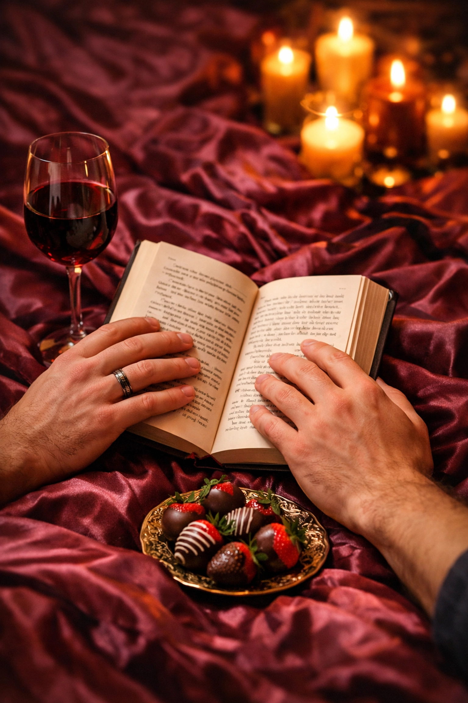 Two men reading spicy MM romance novel together with wine and chocolate strawberries