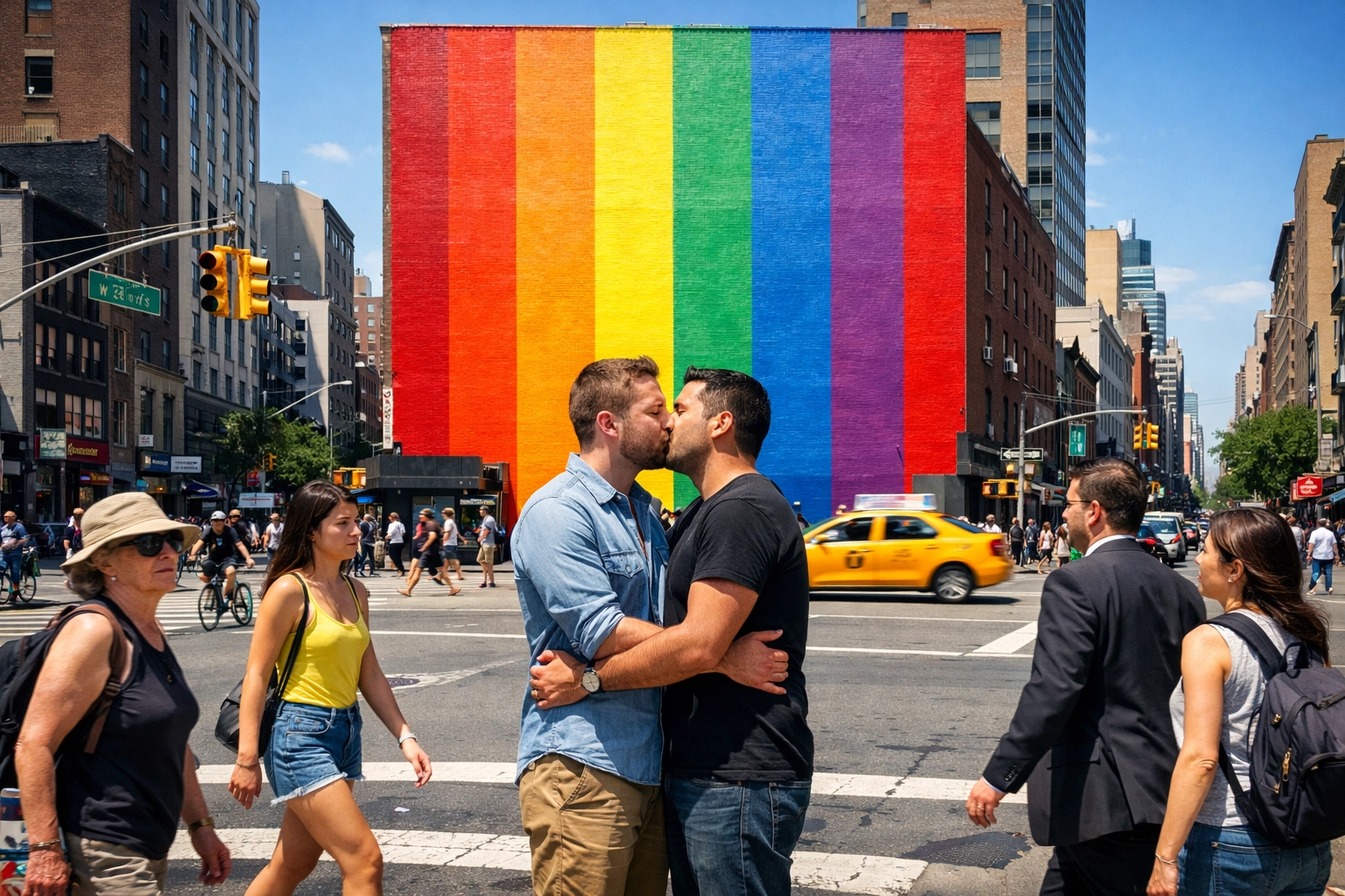 Gay couple kissing in front of massive rainbow mural in public city intersection