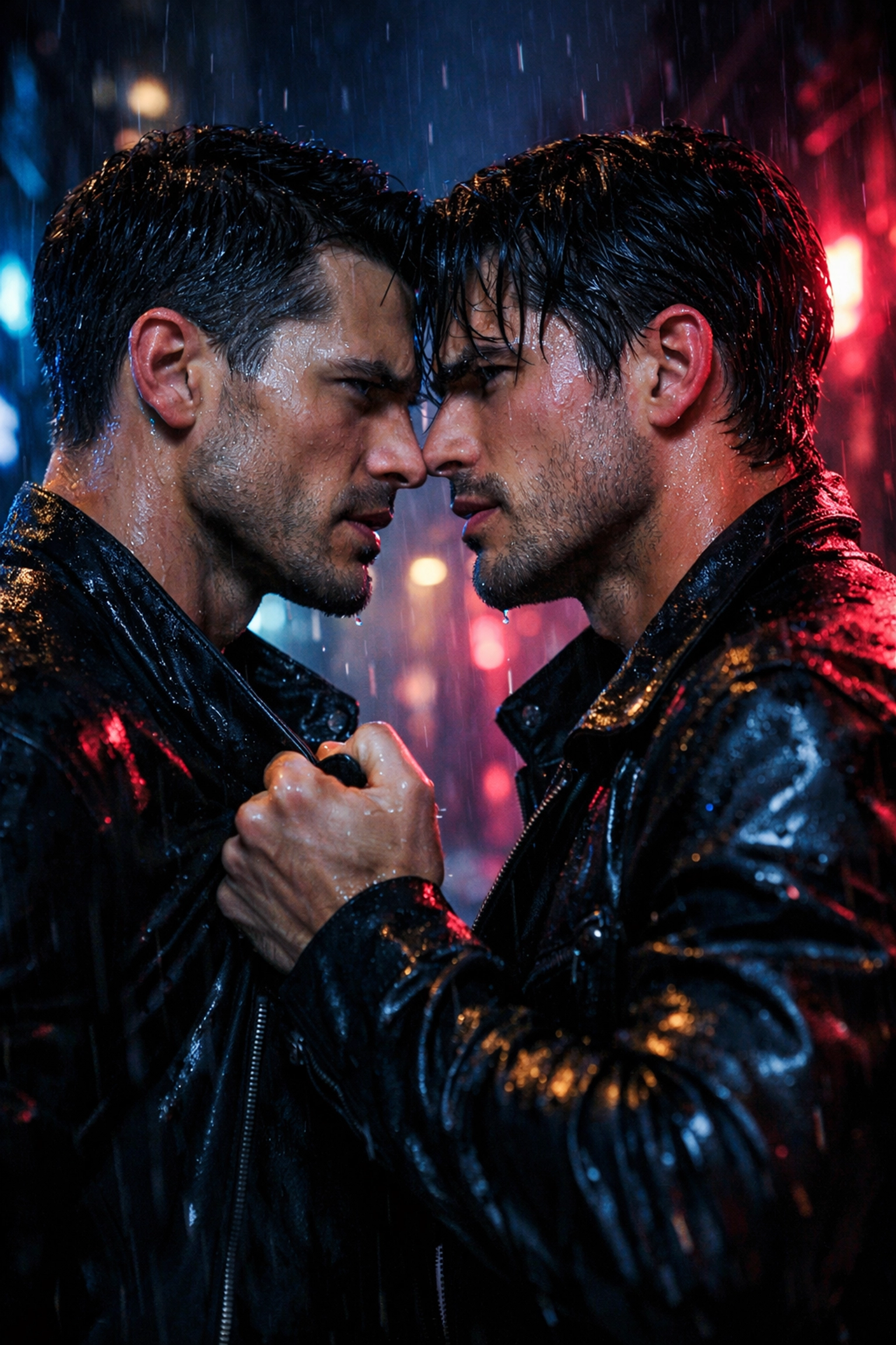 Two men in an intense standoff in a dark alley, capturing the tension of MM romance.