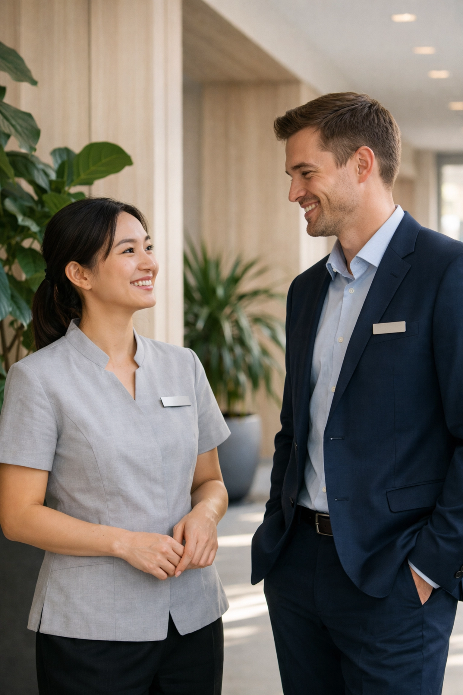 Relaxed hotel staff in a modern hallway, empowered by smart scheduling and automated workflows.