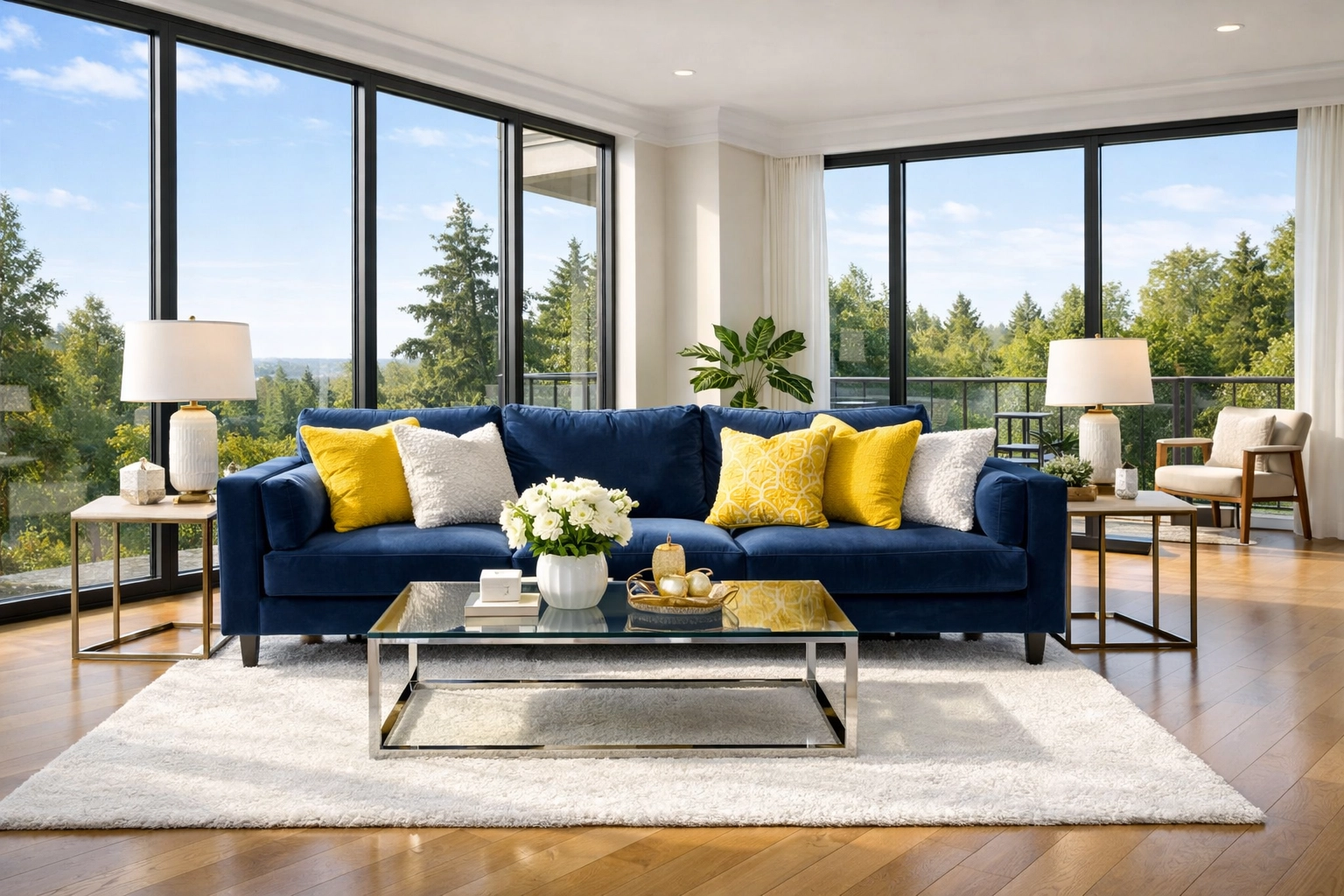 Spotless modern living room with a navy blue sofa and yellow pillows, illustrating a professionally cleaned home.