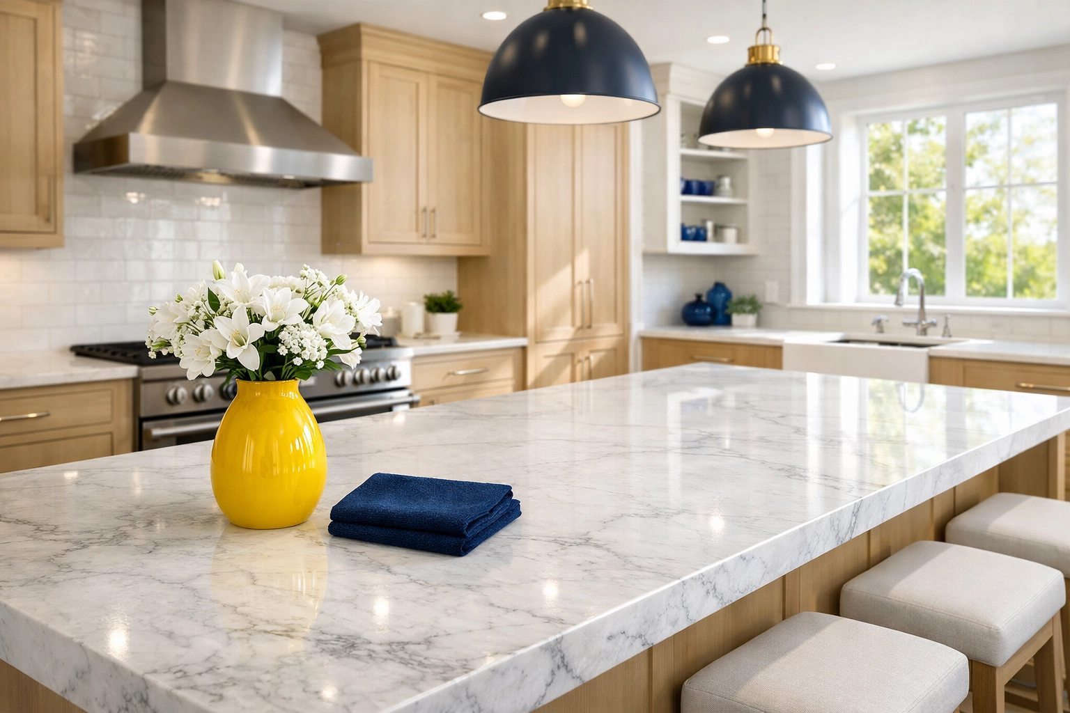 Professional house cleaning of a marble kitchen island in a Westborough home with a microfiber cloth.