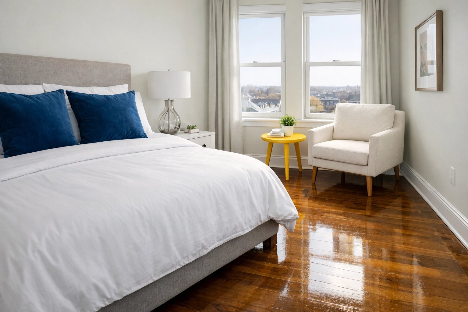 Clean and serene Worcester apartment bedroom with polished hardwood floors and organized decor.