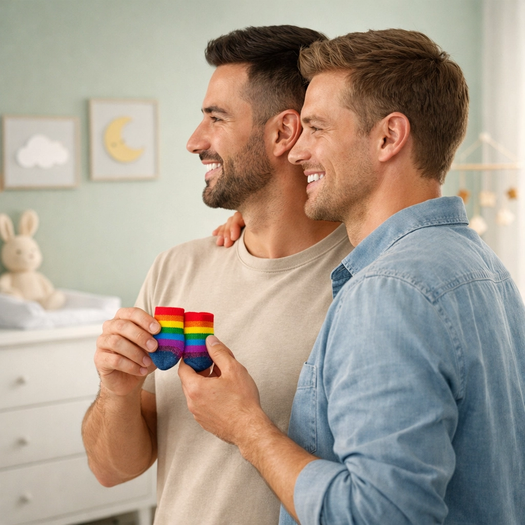 Two gay men holding rainbow baby socks in a nursery, reflecting the emotional journey of surrogacy and gay parenting.