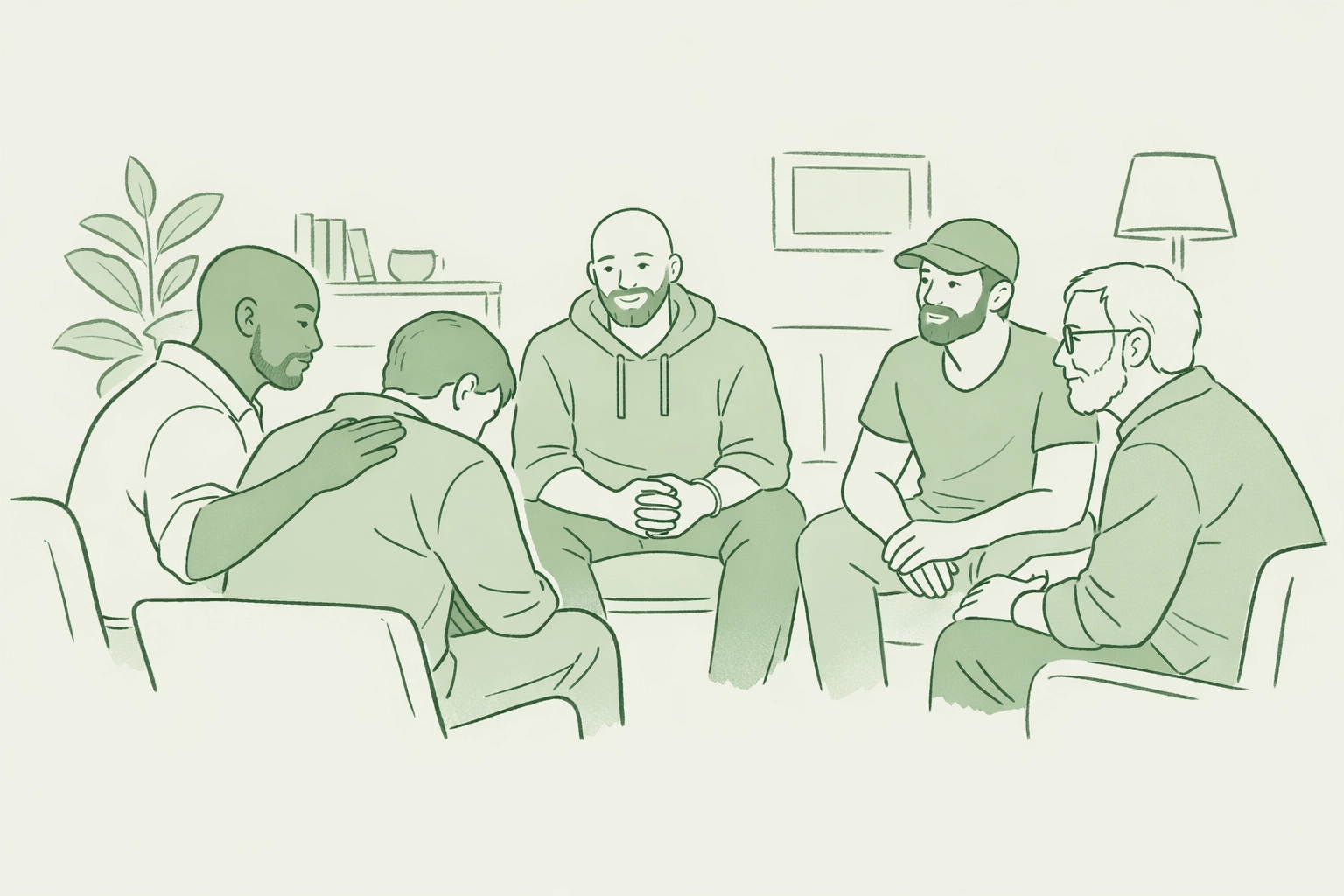 Diverse gay men supporting each other in a safe space, illustrating the strength of a queer found family.