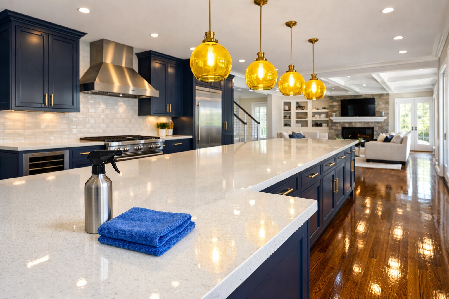 Professional house cleaning in Westford for a pristine modern kitchen with navy blue cabinetry.